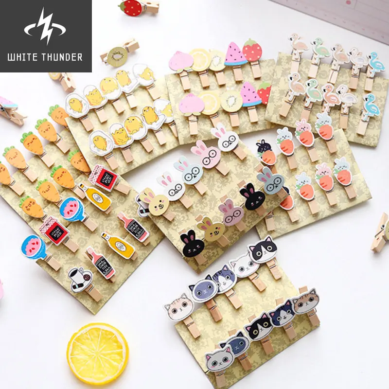 

8/10/12Pcs Cartoon Wooden Paper Clip Bookmark Album With Rope Message Stickers Decorations Paper Photo Clips Craft Decoration