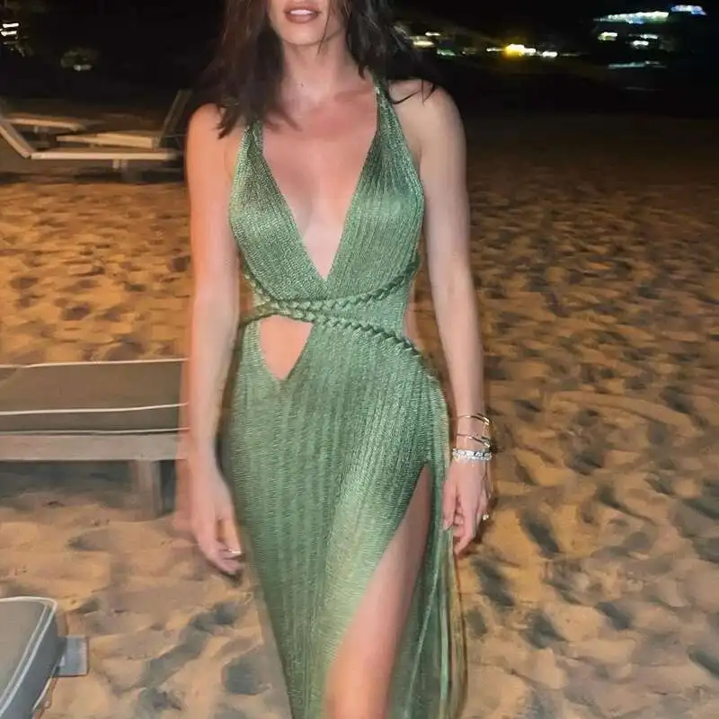 

Сексуальное трикотажное длинное женское платье без рукавов с v-образным вырезом 2025 года, однотонное облегающее летнее макси-платье с высоким разрезом