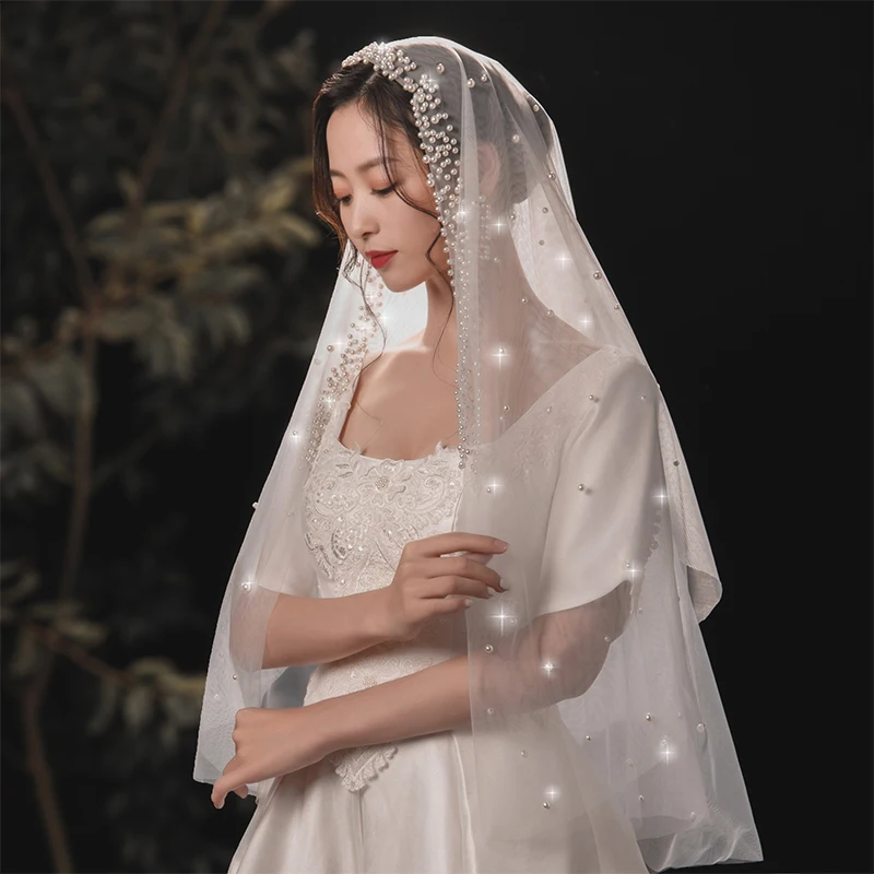 Gorgeous Beaded Bridal Veil for Bride Two-Layer Elbow Length Veil Customized