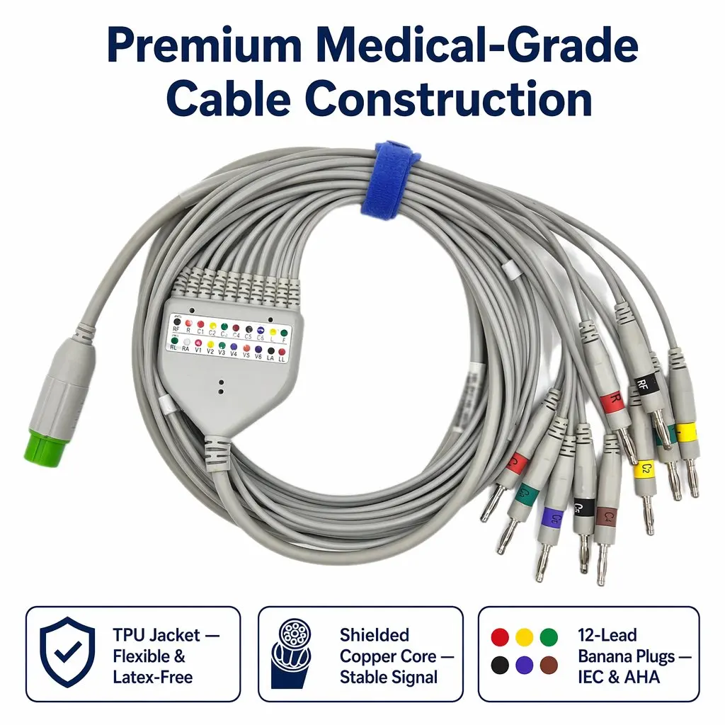 EKG Cable 12-Lead Banana One-piece AHA - Adult TPU - Model ZK0017