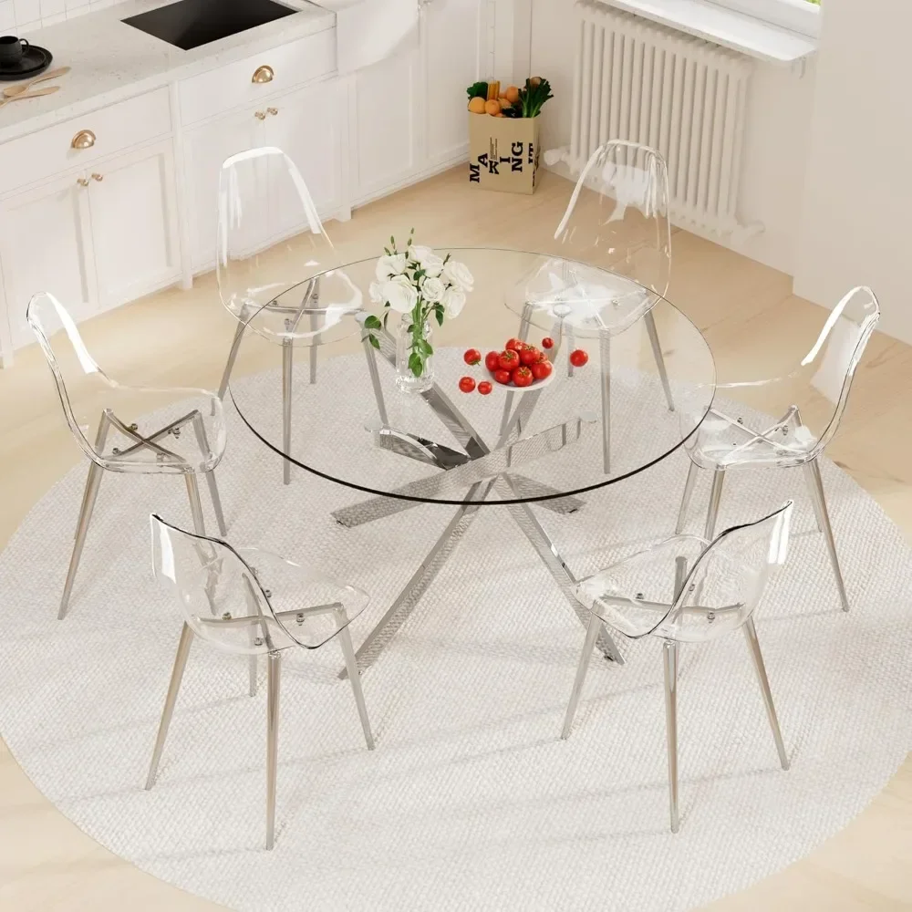 Mesa de jantar e cadeiras, mesas modernas para sala de jantar, conjunto de jantar minimalista, cadeira de acrílico transparente, conjunto de mesa de cozinha circular de 7 peças