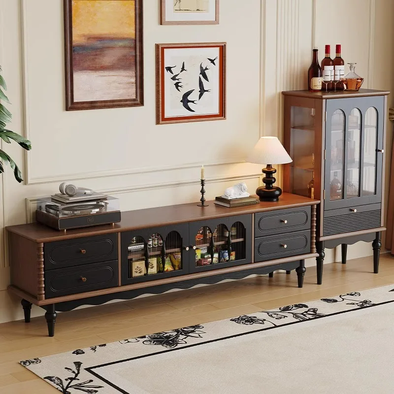Retro solid wood TV cabinet 2025 new living room TV cabinet combination French home storage locker integrated