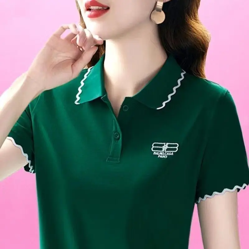 Middle-Aged Lapel Short Sleeve T-shirt Women\'s Summer New 100% Cotton Sports Leisure Polo Bottoming Shirt Golf Shirt Women