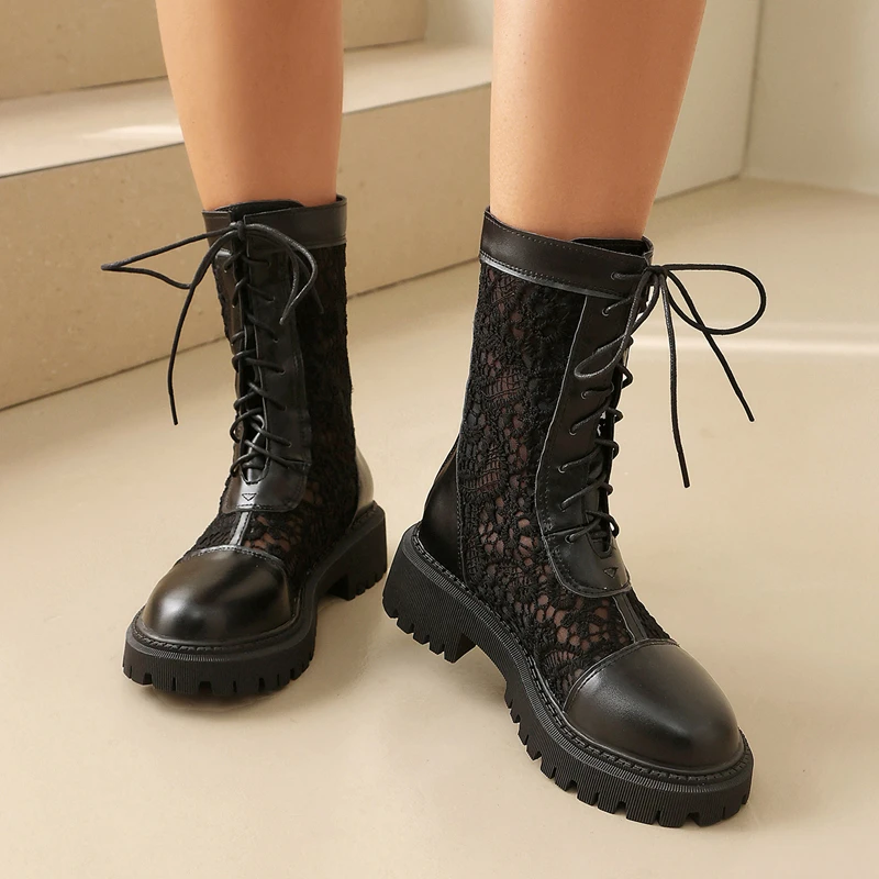 Women's Hollow Lace Mesh Boots Spring Summer Cross Tied Cool Boots Round Toe Platform Chunky Middle Heels Zipper Ankle Boots New