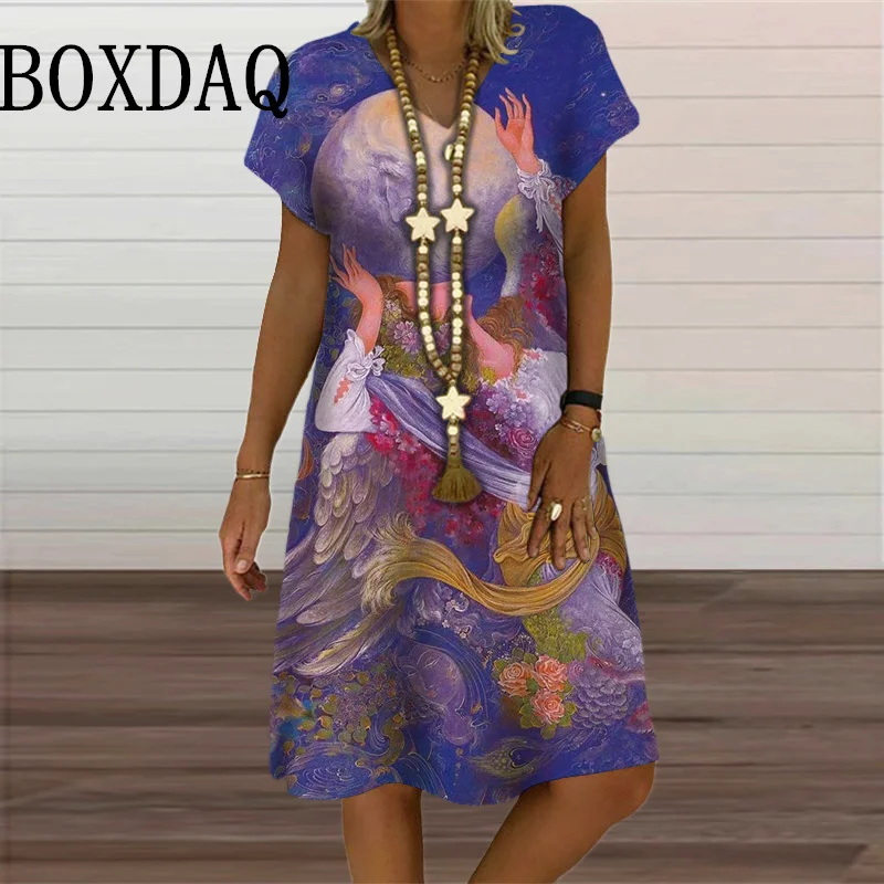 Abstract Painting Summer Retro Dress Women Street Art 3D Print Short Sleeve Dress Plus Size Casual V-Neck Pullover Ladies Dress