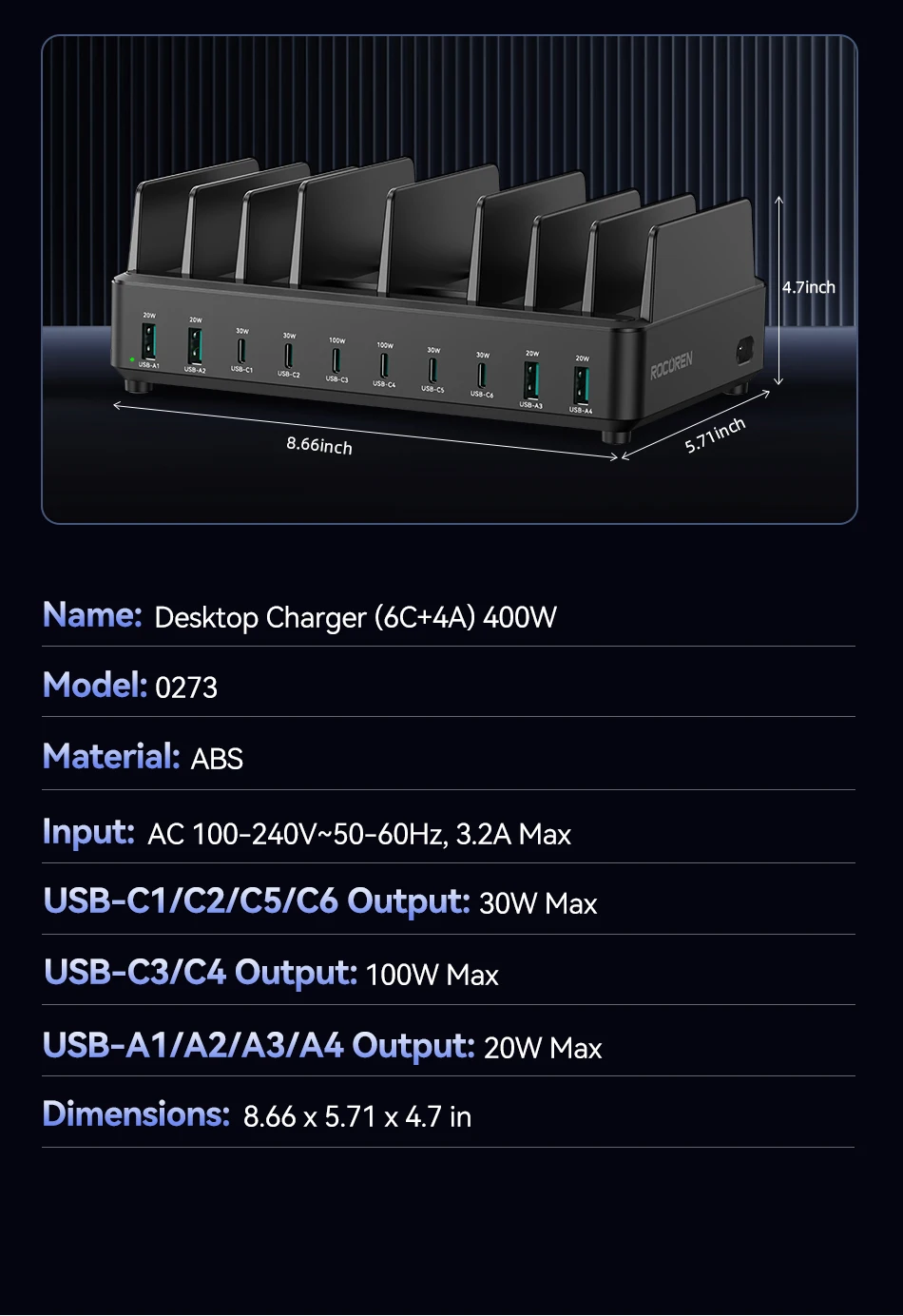 Rocoren 400W GaN-Ladegerät 6-Port Desktop-Schnellladegerät USB Typ C Ladegerät Tragbare Powerstation für iPhone 17 Pro Max Xiaomi 14 – Detail 12