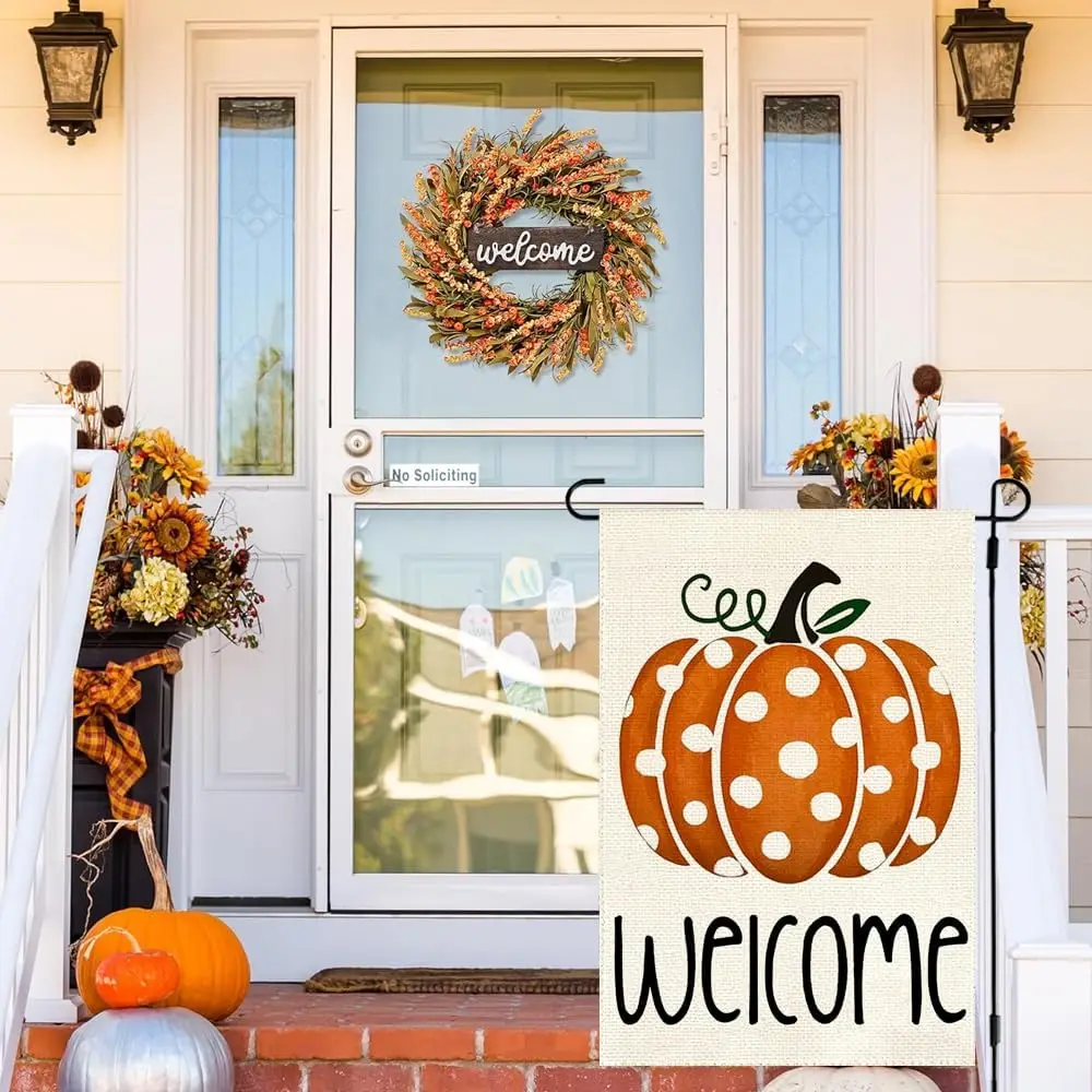 RABUSOFA Welcome Fall Garden Flag 12x18 Inch Double Sided for Outside, Thanksgiving Polka Dot Pumpkin Outdoor Seasonal Yard Flag