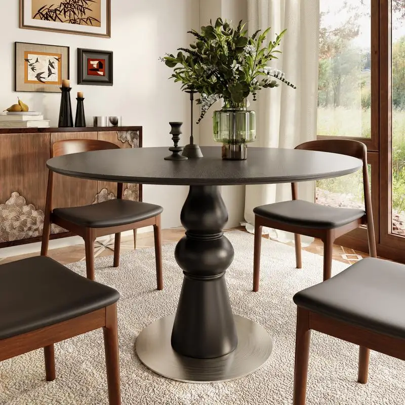 43-Inch Round Dining Table - Black Solid Wood Top, Compact Kitchen Table for 2 to 4 People
