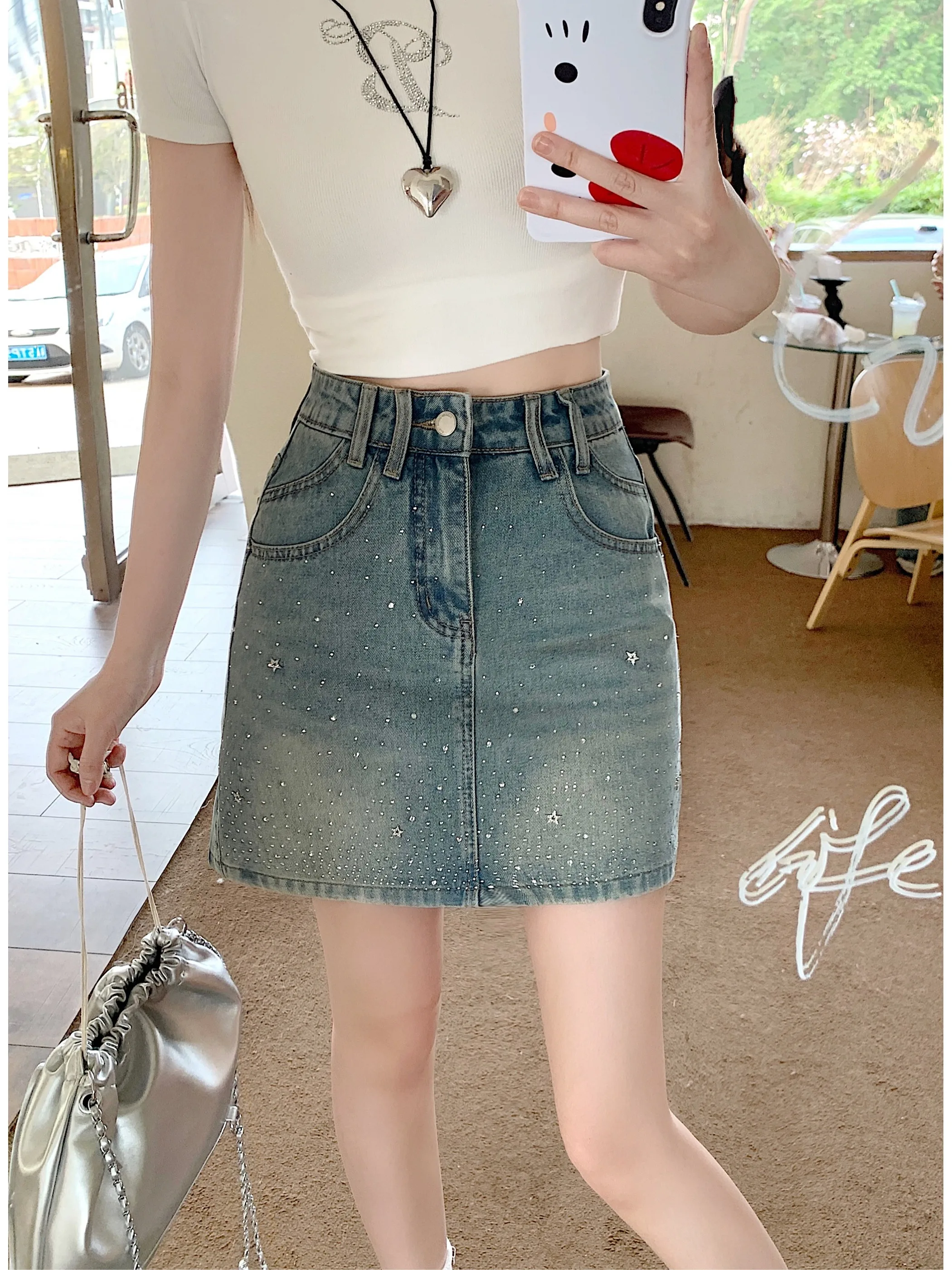 

plus Size Denim Skirt Summer Pear Shape Body Covering Half Skirt Elegant Versatile Slimming A-Line Short Skirt with Rhinestones