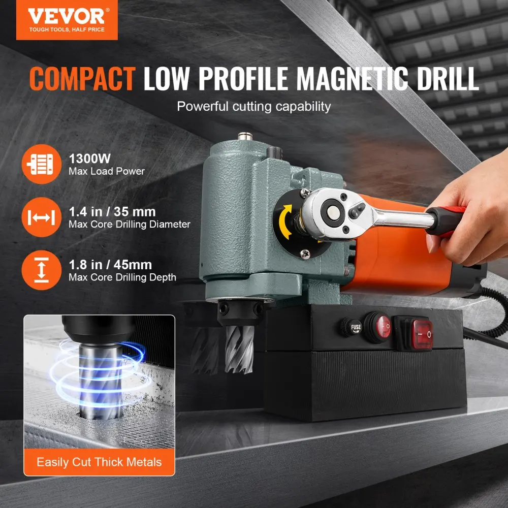 VEVOR Magnetic Drill Press 1300W Low Profile Mag Drill  Light Weight Portable Mag Drilling Machine with Cooling Device