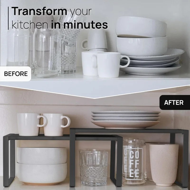 Premium Kitchen Cabinet Organizer Shelf - Set of 3 Kitchen Counter Shelves - Stackable & Expandable Shelf Racks Kitchen Cabi