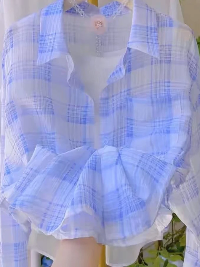 Różowa Kraciasta Kołnierzyk Lekki Oddychający Letni Nowy Damski Płaszcz Chroniący Przed Słońcem Casualowy Design Luźny Krój