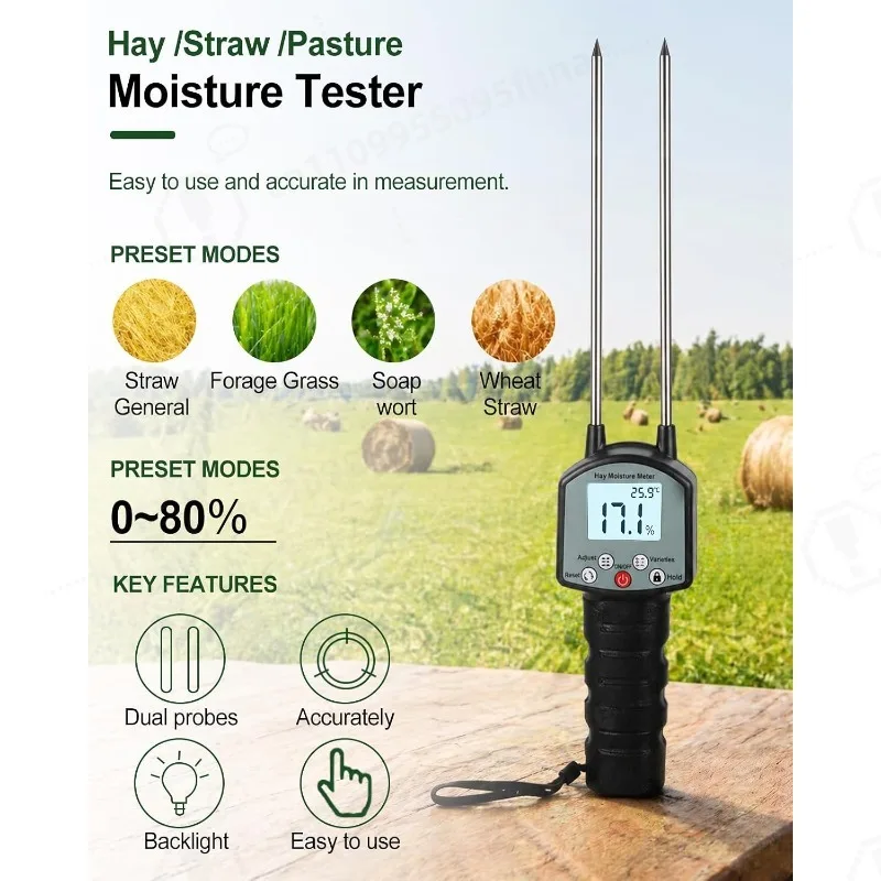 TK100H Hay Moisture Tester Long Probe Portable Moisture Meter for Hay Alfalfa Forage Grass