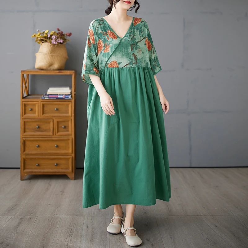 

2025 Summer New V-neck Splicing Cotton Hemp Dress for Women Retro Loose and Casual Half Sleeve Large Size Long Dress Female S31