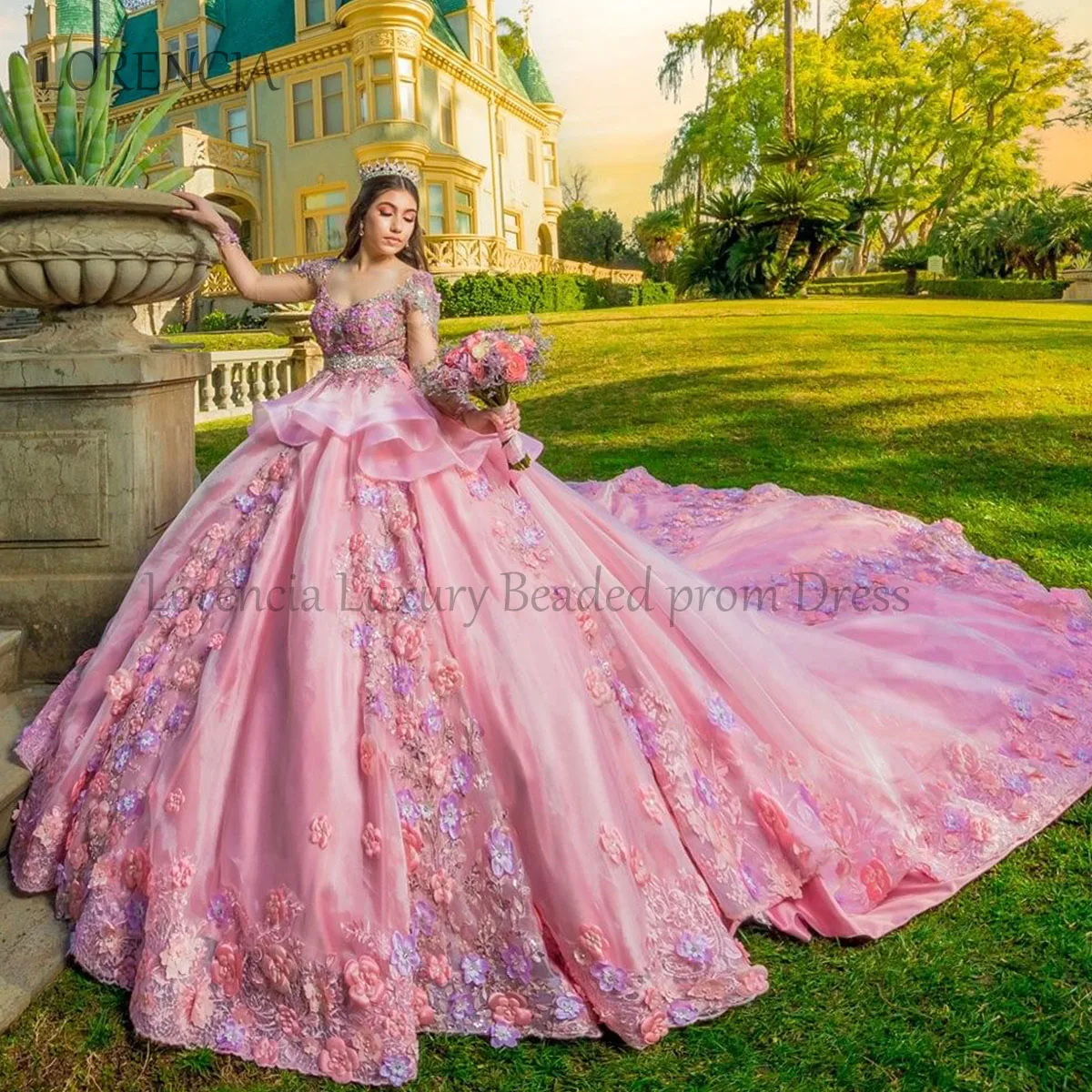 Pink Exquisite 2024 Quinceanera Dress Puffy 3D Flowers Sweet 16 Dress Ball Gown Appliques abiti da festa Vestidos De XV Anos