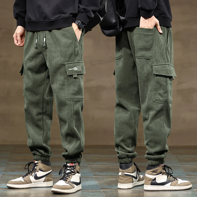 

Men's Corduroy Cargo Pants Armygreen Fashion Loose Harem Trouser Autumn Winter Thick Elastic Waist Outdoor Joggers Sweatpants