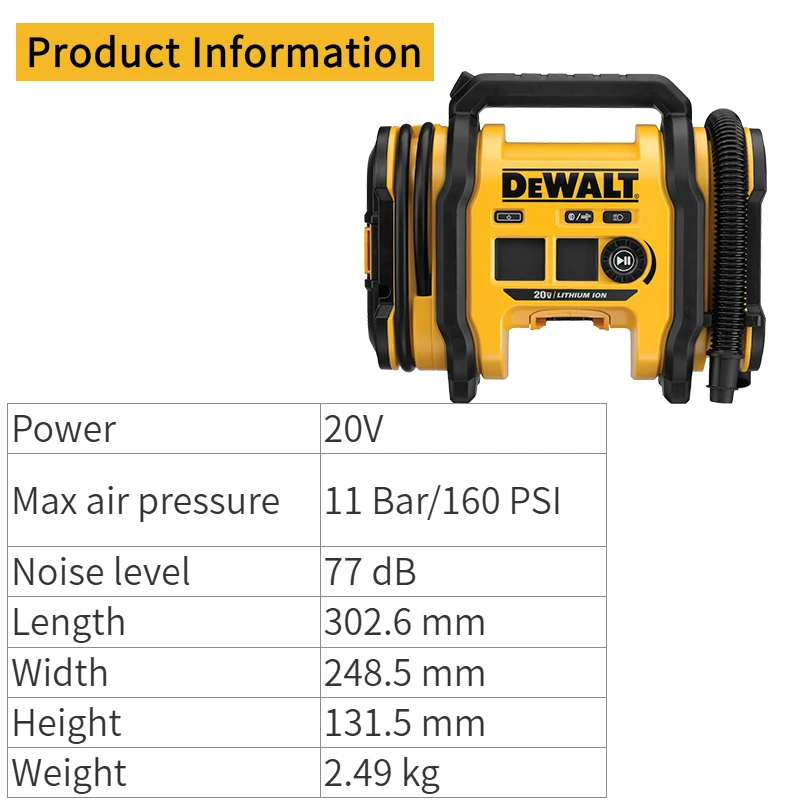 DEWALT DCC020IB Wiederaufladbare tragbare elektrische Kompaktluftpumpe für Autoreifen 160 PSI, keine Batterie