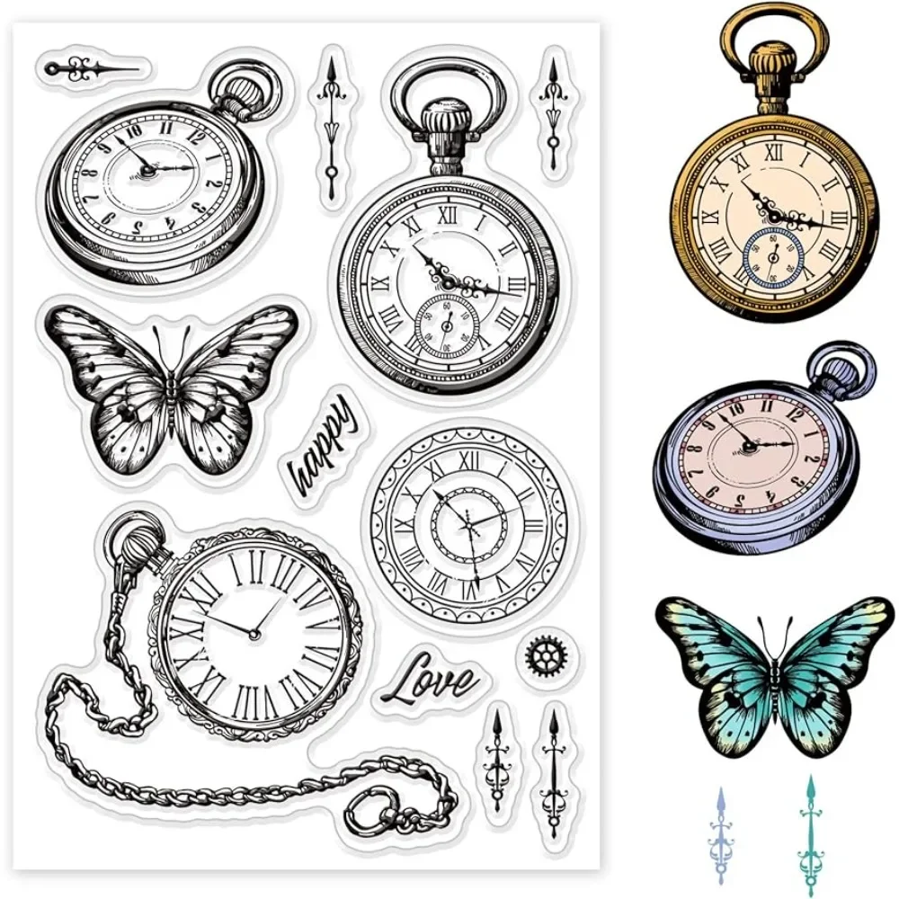 Vintage Clock Silicone Clear Stamp Pocket Watch Transparent Silicone Stamp Butterfly Rubber Stamp for Scrapbook Journal Card