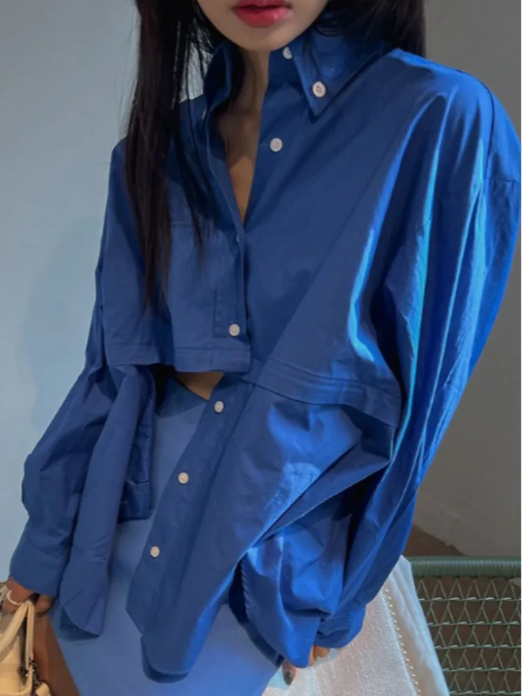 Blue Zipper Splice Design Women's Long Sve irt Faionable Single Button Midi Length Top Commute Sle Pure E-commerce