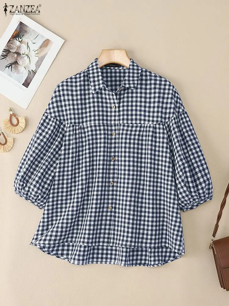 2025年ファッションサマーハーフスリーブシャツ ZANZEA レディース チェック柄ブラウス カジュアルボタンアップトップス ラペルネックブラウス ヴィンテージシャツ
