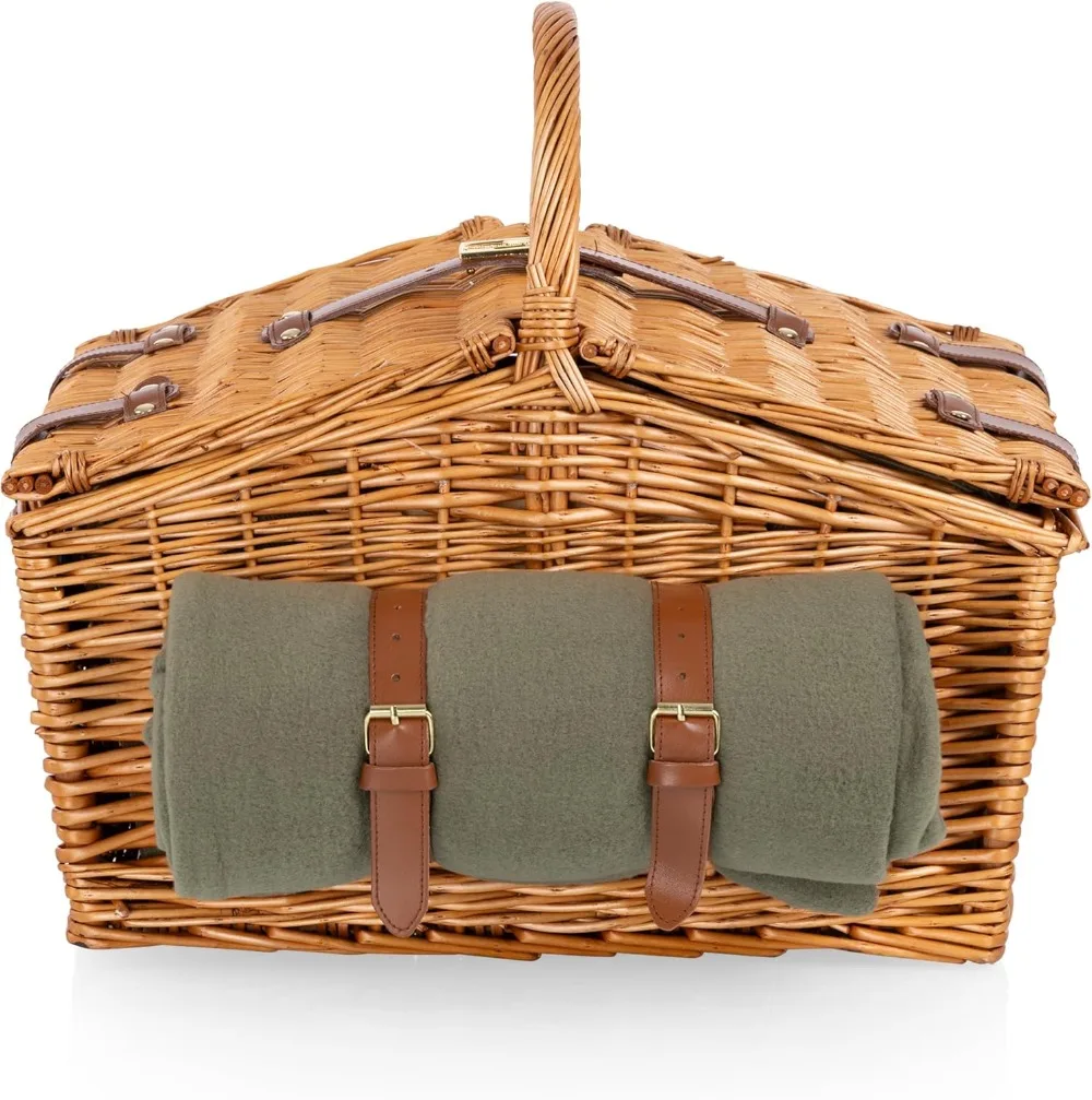 Somerset Deluxe Blanket, Soft Cooler Bag, & Romantic Picnic Wine Basket, One Size, Sage Green