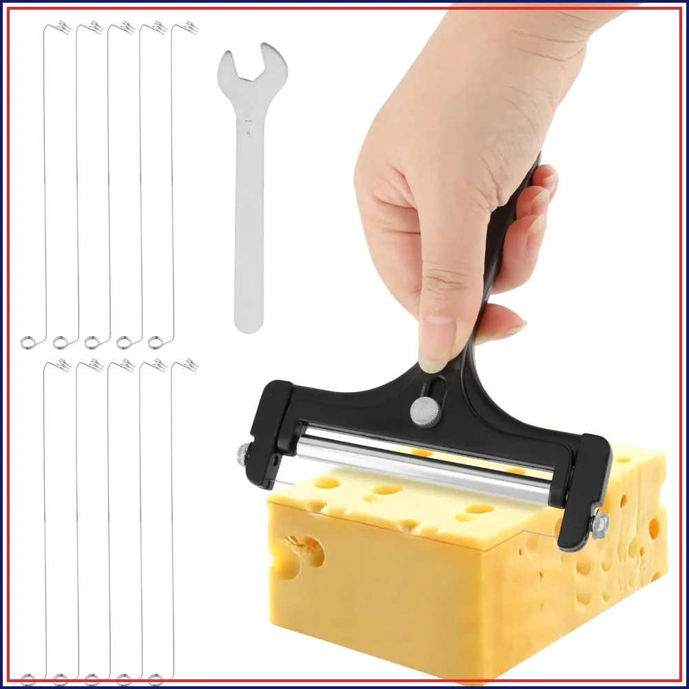 

Stainless Steel Wire Cheese Slicer with 10 Extra Wires and Wrench, Adjustable Thickness Handheld Cutter for Mozzarella Cheddar Butter
