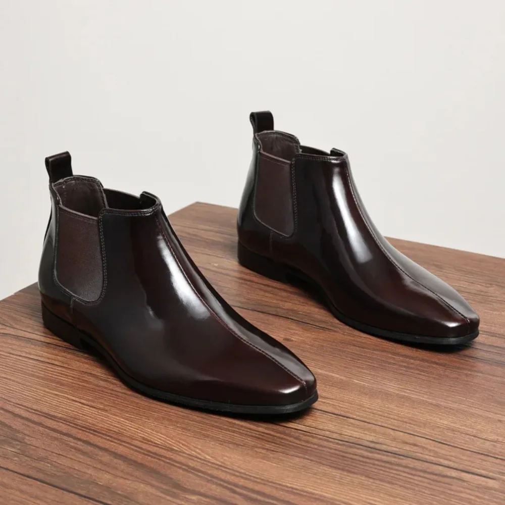 

2026 Black New British Style Square Toe High Top Glossy Men Boots Business Casual Leather Shoes
