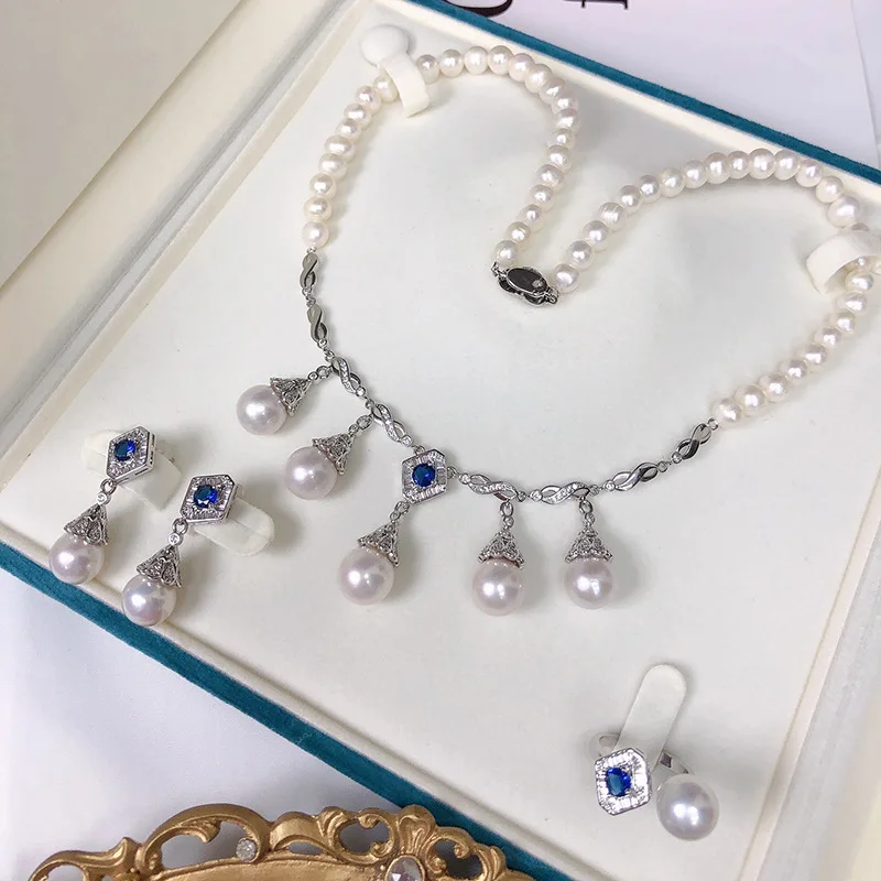 one set freshwater pearl white near round 7-8mm zircon chain pendant necklace/ring/earrings FPPJ wholesale