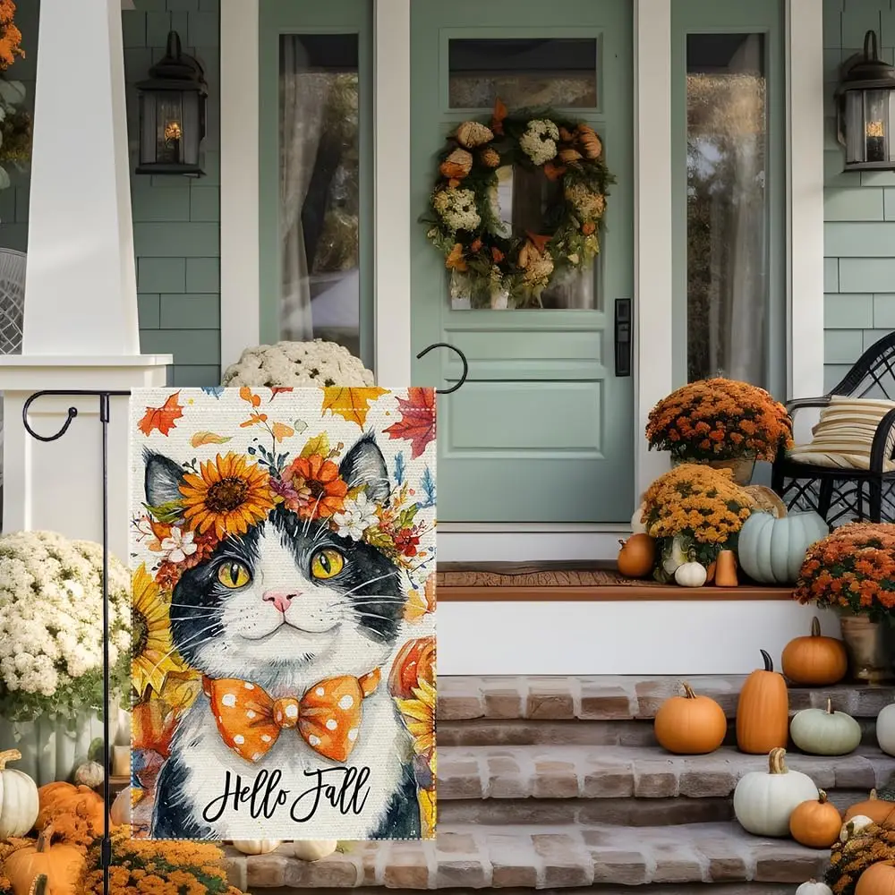 مرحبا الخريف حديقة العلم القط حديقة أعلام 12x18 بوصة مزدوجة الوجهين الخيش الصغيرة الخريف منقطة Bowknot ديكور خارج ساحة La HZZ