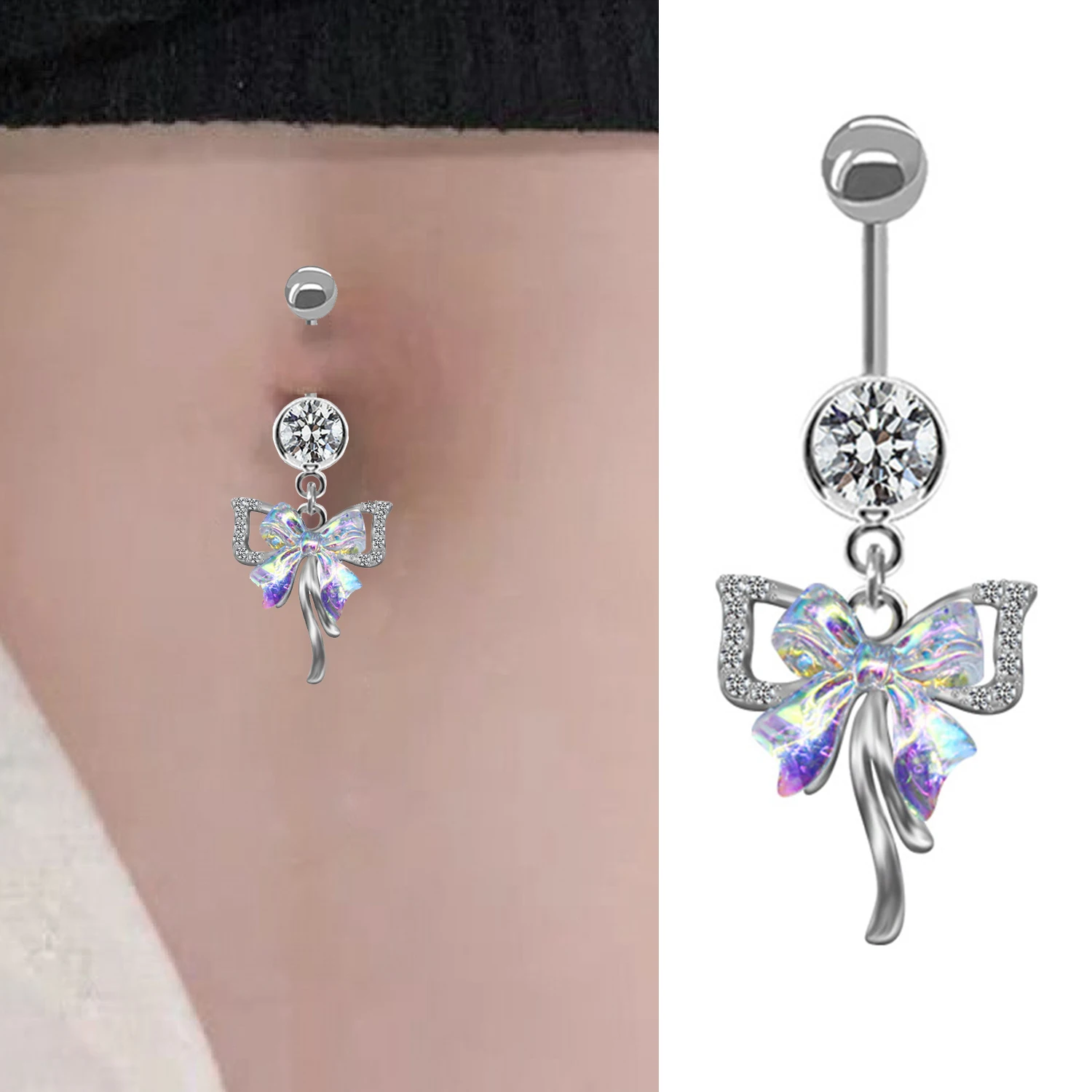 1PC Dangle Belly Button Ring Bow Tie Shape Pendant Inlaid Shiny Rhinestone Navel Ring Barbell Body Pircing Jewelry