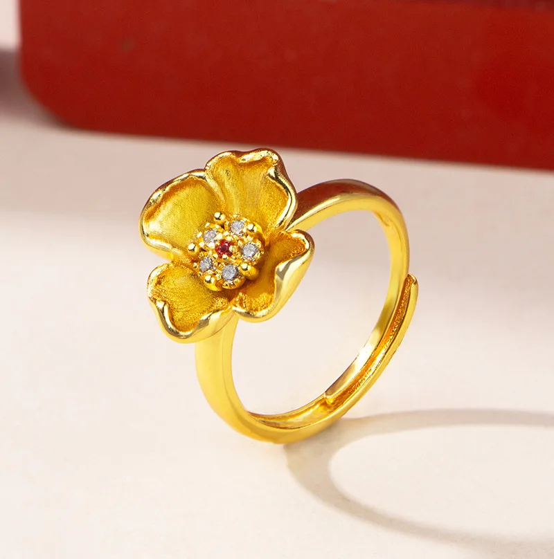 9999 gold best-selling diamond-set brushed gold small flower ring for women, featuring retro Chinese style and versatile