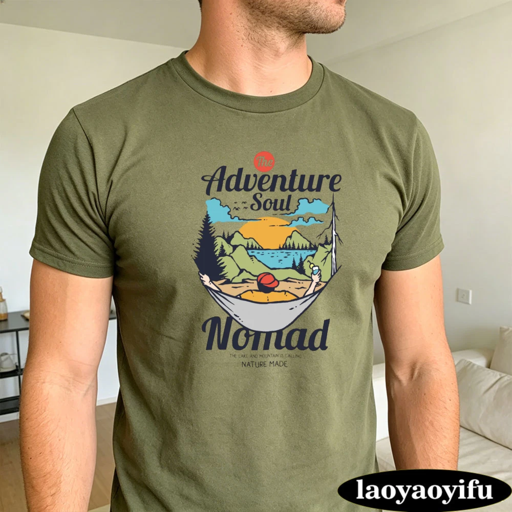 Hammock Hiker Lake The Adventure Soul Nomad Summer Men Cotton T-Shirt Camping Vacation Bold Graphic Short Sleeve Tee