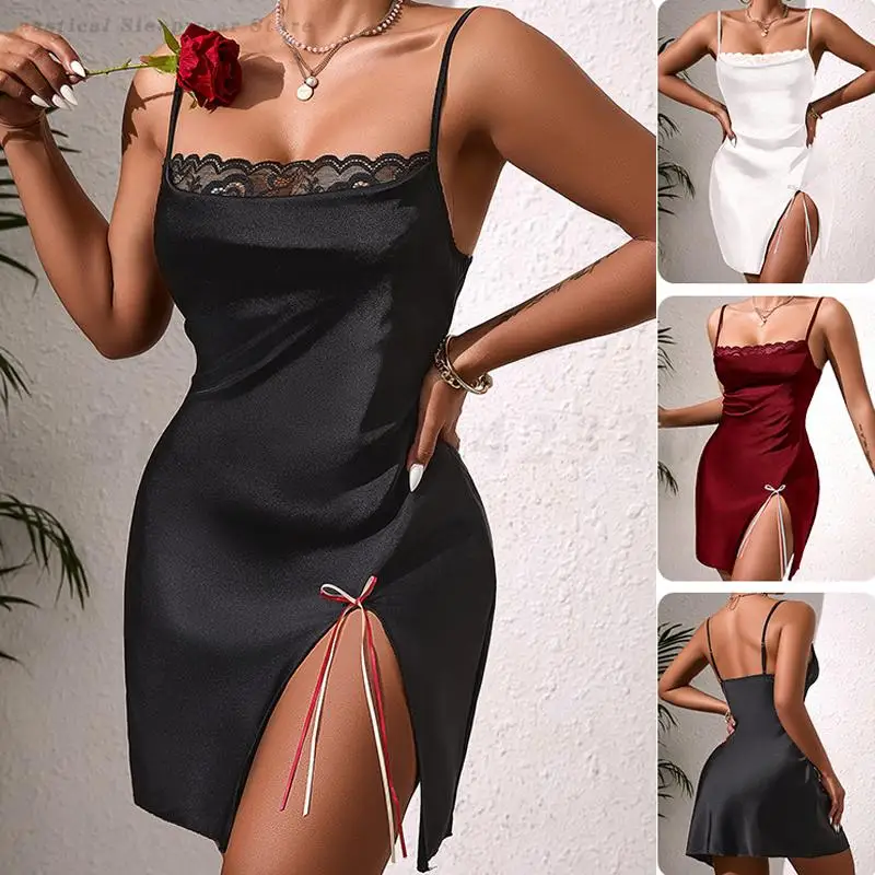 

Elegant Solid Satin Slit Nightdress Women's Sleepwear Perspective Lace Nightgown Short Sleep Dress Suspender Lingerie Loungewear