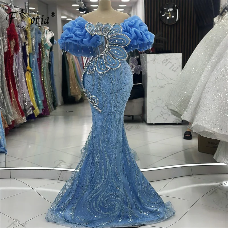 Special Design Blue Mermaid Evening Dress Ruffles Crystal Tassel Formal Occasion Party Gowns Appliques Celebrity Dresses Prom