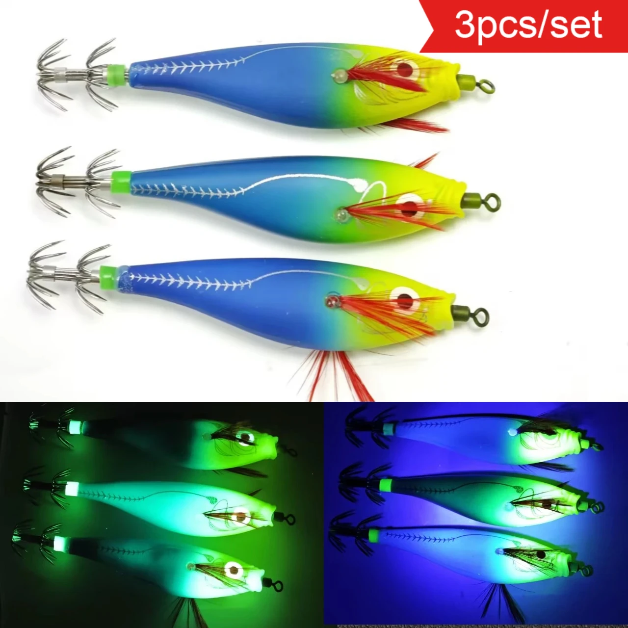 3 Stück 10cm Leuchtende Garnelen-Angelhaken, Leuchtende Tintenfisch-Jig-Haken, Salzwasser-Angelzubehör, Garnelen-Köder, Tintenfisch-Köder