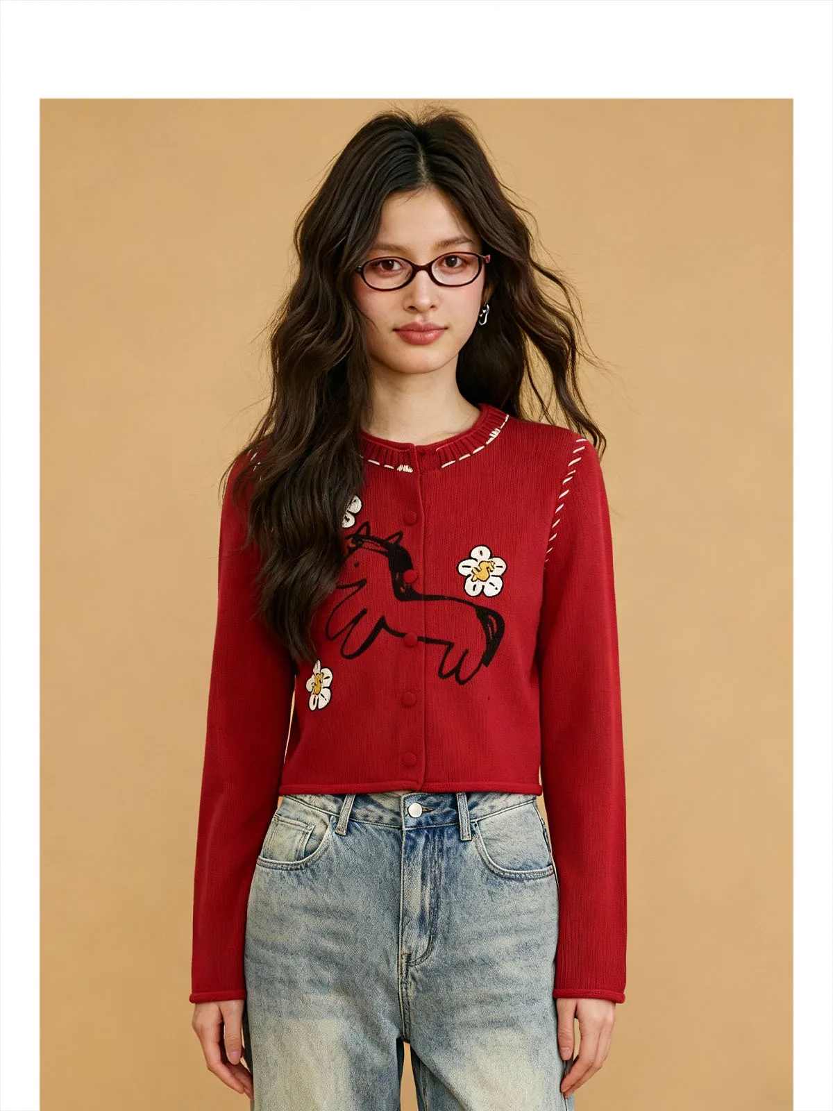 

Forever 21 Red Sweater for New Year Celebration Women's Autumn Winter Fashion Casual Loose Fit Long Sleeve round Neck Short S...