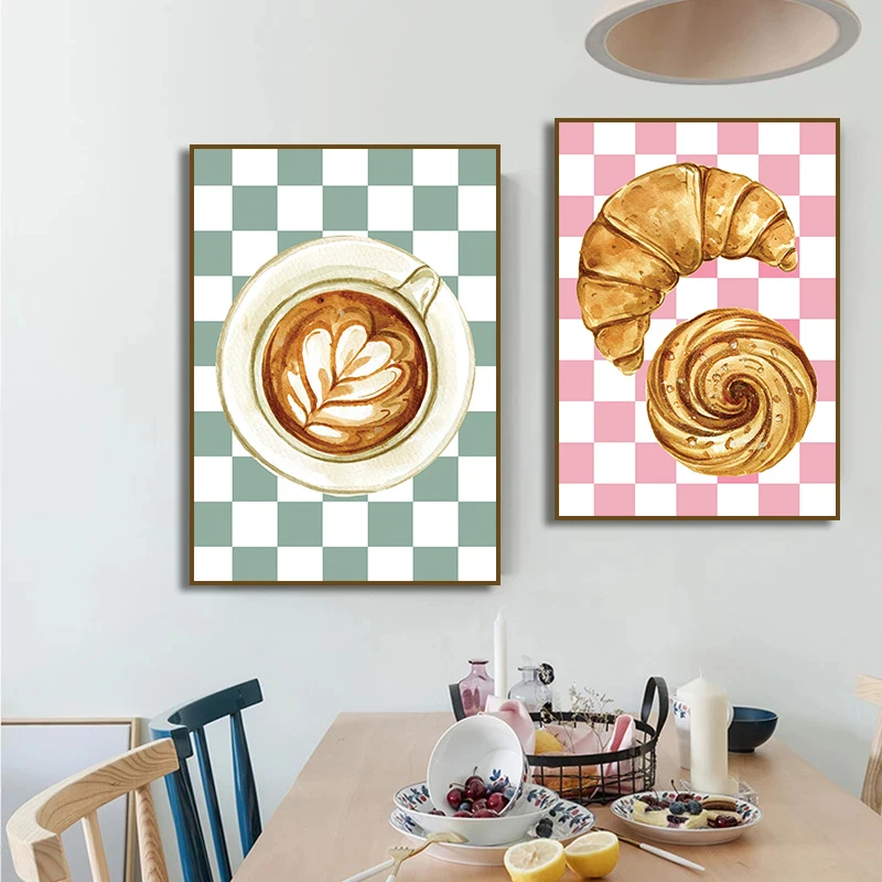 Retro Coffee Croissant Cocktail Cheers  Food and Drink Fruit Poster Canvas Painting Print Wall Art  Bar Kitchen Home Decor