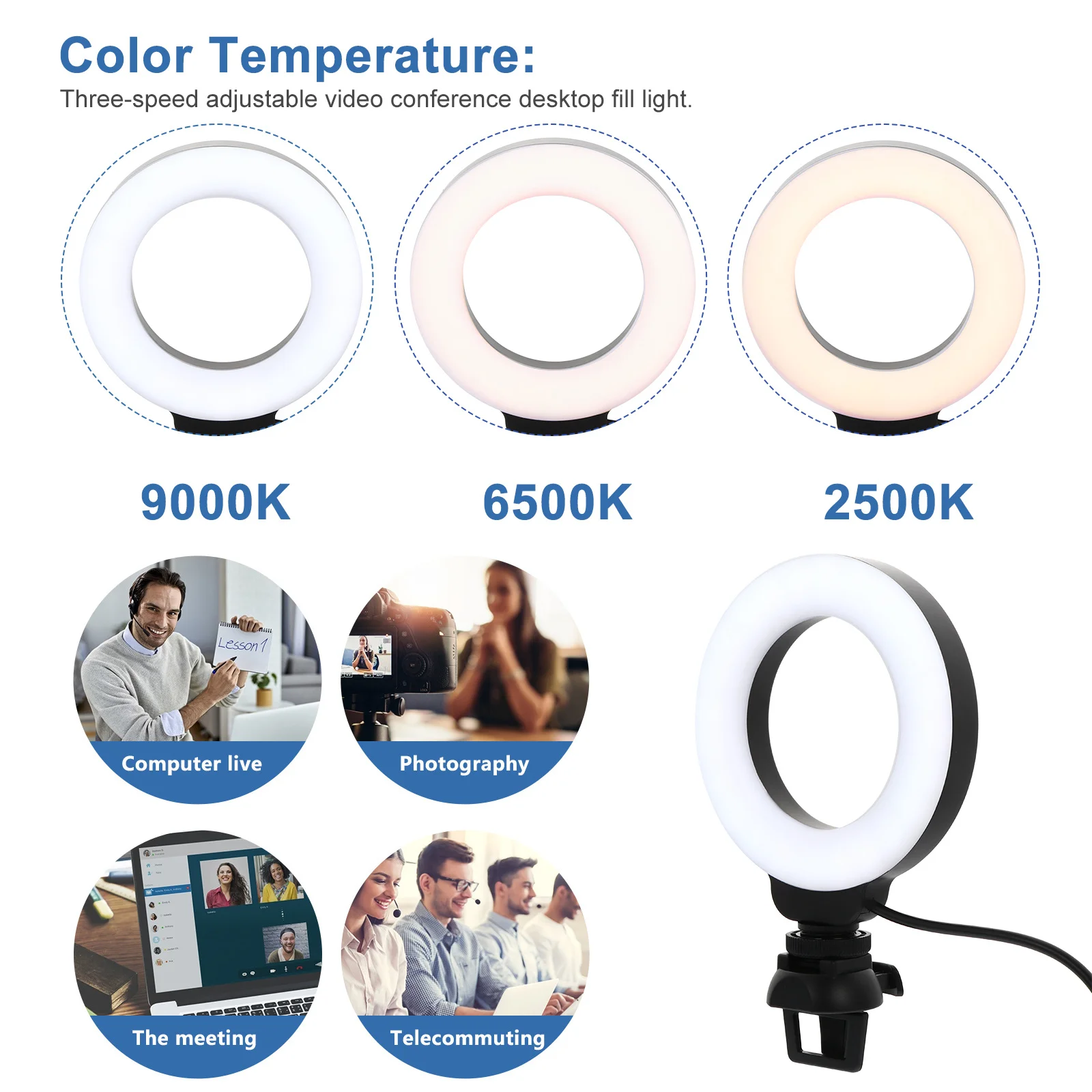 

4 Inch Ring Fill Light Soft Uniform LED Video Light Clip for Laptop Video Conference Streaming Makeup Interview Lighting