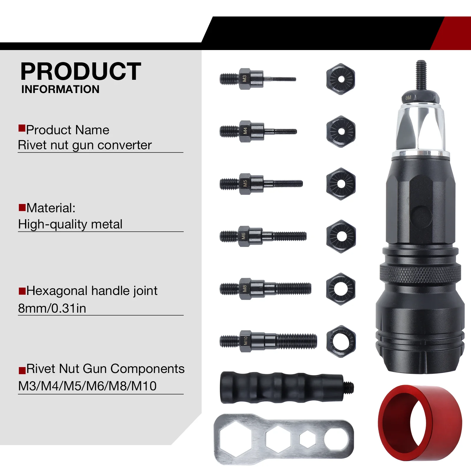 Labor-Saving Electric Rivet Nut Tool Plug-in Nut Quick Riveting Compatible with Cordless Drill for DIY Household with 6 Mandrels