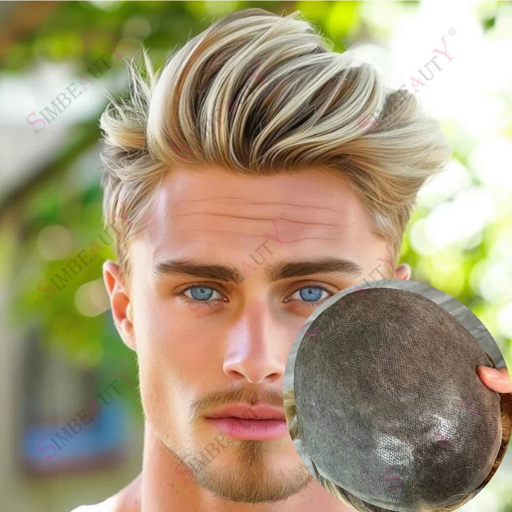 

# 4T613 Ультратонкая мужская система волос с микрокожей 0,06 мм Ombre Blonde Необнаружимая линия роста волос Коричневые корни Vloop Парик для выпадения волос
