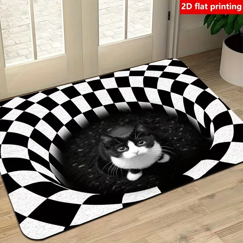 Optical Illusion Checkerboard Cat Doormat Anti Slip Soft Entry Rug Funny Vortex Grid Kitten Print Mat Novelty Design Home Decor