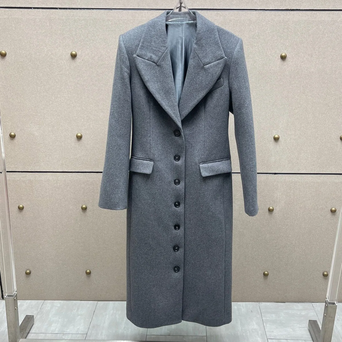 High Quality Women Gray Long Woolen Coat Notched Lapel Single Breasted Office Winter Outerwear