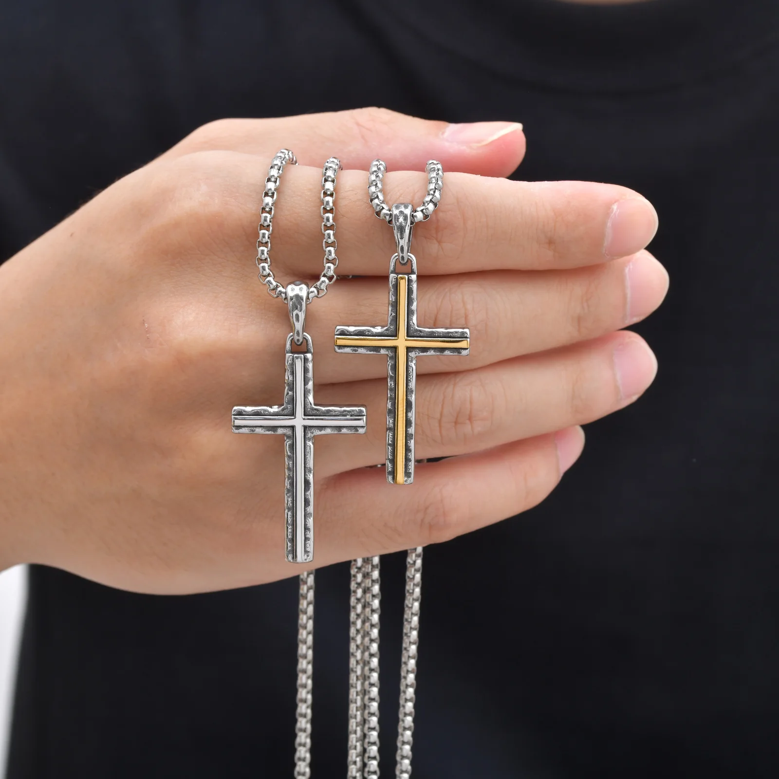 Textured Cross Pendant Necklace for Men Women, Stainless Steel Silver Color Christian Charm Faith Jewelry Gift