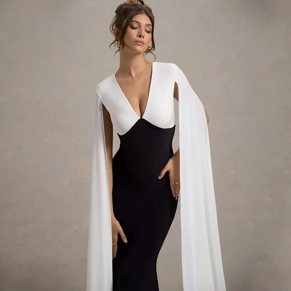 Vintage Black White Evening Dresses V Neck Satin Mermaid Women Prom Gowns with Long Shawls Sexy Floor Length Wedding Party Gowns