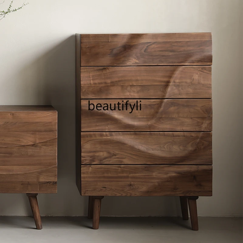 Black walnut, chest of drawers, living room all solid wood, simple modern cabinet, bedroom 3D three-dimensional locker