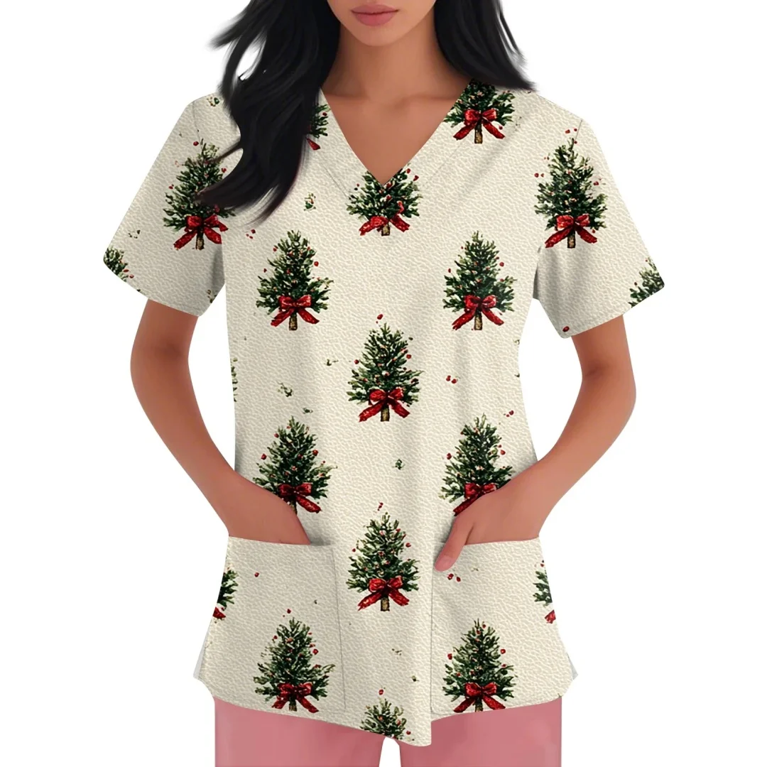 Novo natal feminino uniformes médicos boneco de neve dos desenhos animados impressão dentista esfrega casual manga curta enfermeira uniforme bolsos topos cirúrgicos