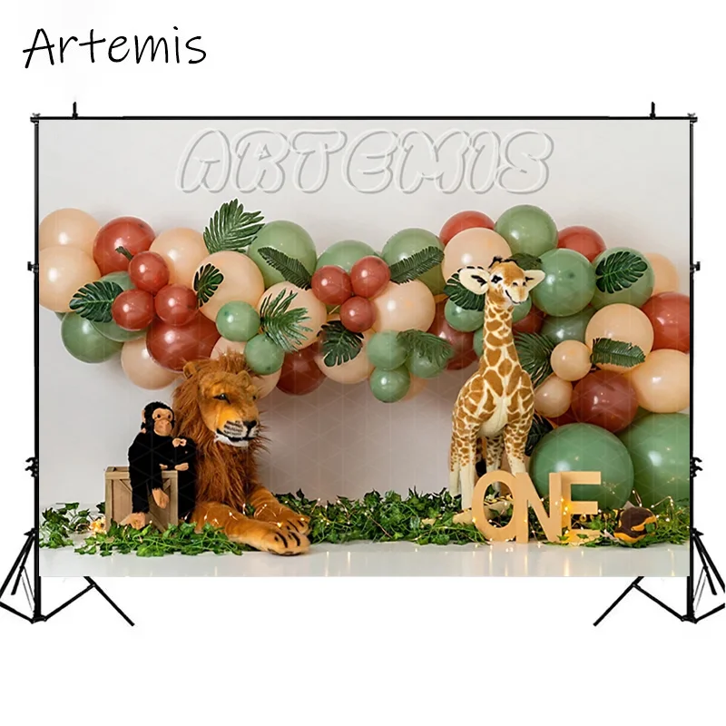 Fondos para sesión fotográfica, Decoración de cumpleaños para niños, bosque, marrón, verde, globos, pastel, Smash, Animal, Zoo, León, jirafa