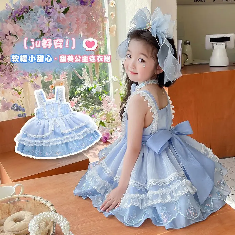 Baby Girl Summer Blue Sweet Lolita Lace Princess Ball Gown Cake Layed Lace Sundress Birthday Holiday Party Eid Child Clothing