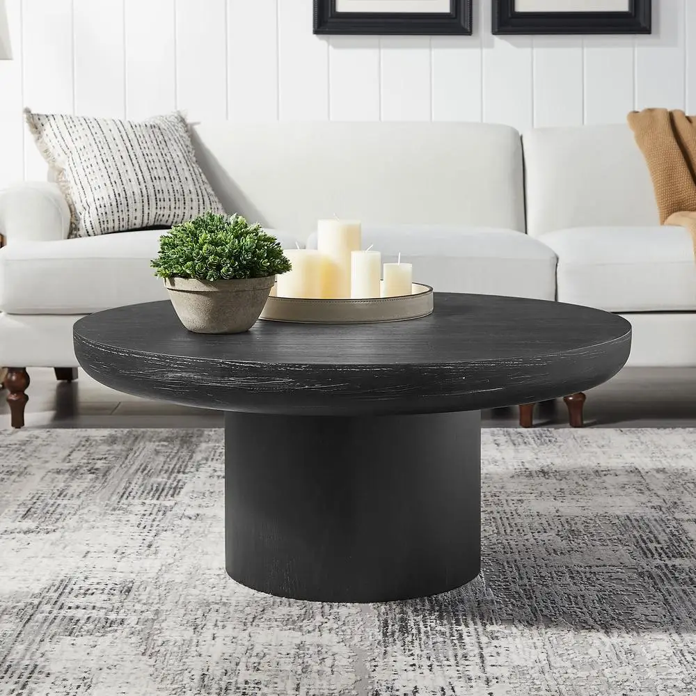 

36 Inch Round Coffee Table Black Wood Veneer with Cylindrical Legs Large Surface for Living Room Office Modern Farmhouse Style