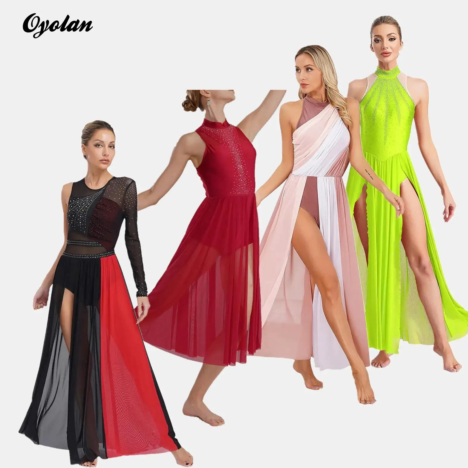 

Womens Ballet Lyrical Contemporary Dance Performance Costume Shiny Rhinestones Side Split Sheer Mesh Modern Dance Leotards Dress